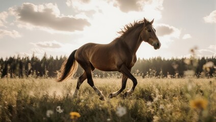 Obraz premium Majestic Brown Horse Galloping Through a Sunlit Meadow at Sunset.