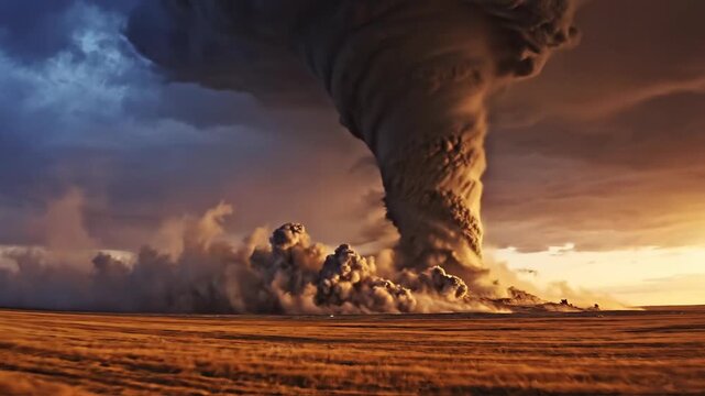 Massive, destructive supercell tornado forming and touching down over vast dry prairie field, churning up dust and debris under intensely dramatic, storm-laden sky with warm glow of setting sun