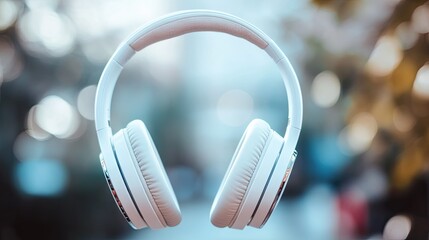 Elegant white wireless headphones hanging in the air against a blurred outdoor background, perfect for music and audio enthusiasts capturing modern sound technology