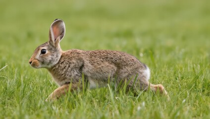 Fototapeta premium Rabbit in a green field running, wildlife animal in nature.