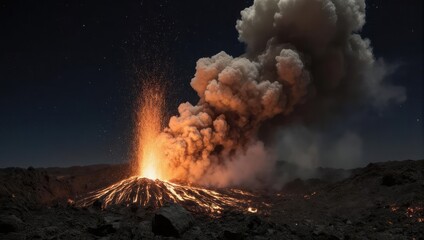 Volcanic Eruption at Night - Fiery Lava and Smoke.