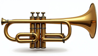 Obraz premium Illustration of golden trumpet isolated on white. Detailed rendering of brass wind musical instrument. Represents music classic art performance jazz.