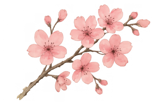 Pink cherry blossom flowers on branch with buds watercolor illustration, japanese sakura in bloom for spring design