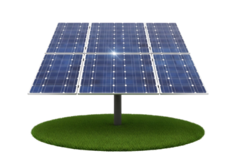 Solar panel on a green grassy mound isolated on transparent background