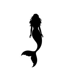 Black silhouette of a mermaid with long hair and a flowing tail, viewed from behind, on a plain white background.