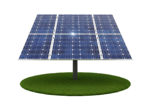 Solar panel on a green grassy mound isolated on transparent background