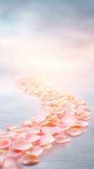 Petal Pathway: A gentle and inspiring vista of a petal pathway, with soft pink petals arranged in a curving line, leading towards a radiant light and the sky. Evokes feeling of elegance, beauty.