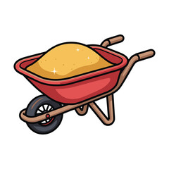 A wheelbarrow with sand, cute design, transparent background.