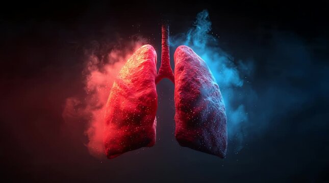 Colorful Digital Rendering of Human Lungs with Dynamic Smoke Effects in Dark Background