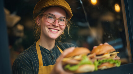Smiling woman in cap and apron holding two burgers near a window at a restaurant