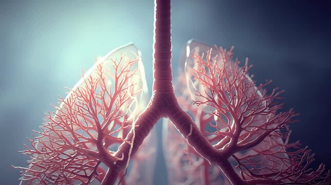 Closeup of detailed human lungs with bronchial tubes and alveoli in a medical animation style