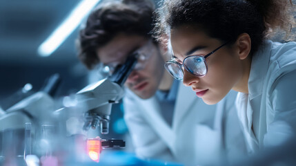 Two scientists in lab coats examining samples under a microscope in a laboratory setting