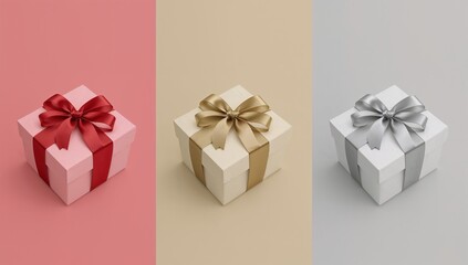 Minimal Gift Boxes Triptych — Red, Gold, and Silver Ribbon Packages on White