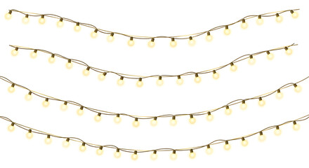 Set of hanging decorative string lights with glowing warm yellow bulbs, isolated vector illustration for festive occasions