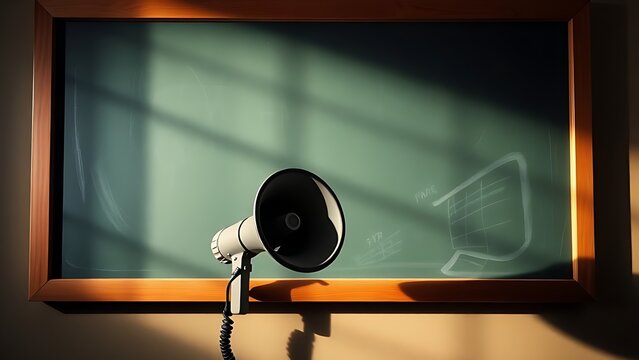 A vintage megaphone before an empty chalkboard, symbolizing education with dramatic lighting.