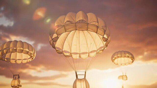 Multiple white parachutes descent against vibrant orange purple sunset sky over landscape. Parachutes illuminated by sun during golden hour. Aerial view of skydiving activity.