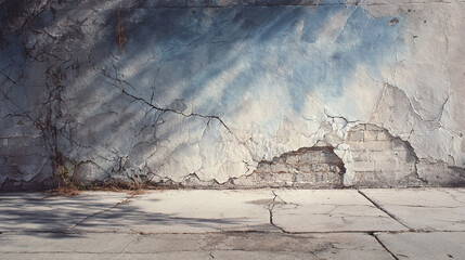 Aged wall of the vintage building with an open and decayed structure, showcasing cracks
