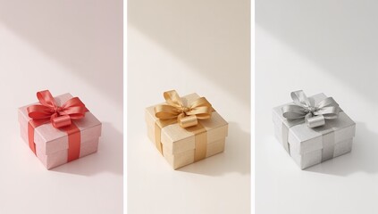 Minimal Gift Boxes Triptych — Red, Gold, and Silver Ribbon Packages on White