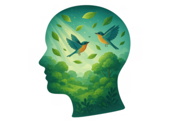 Human head profile symbolizing mental wellbeing and freedom, with a green forest, flying birds, and falling leaves inside, transparent background