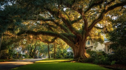 Fototapeta premium Ancient oak canopy draped in moss beside historic South Carolina homes