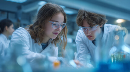 Two scientists in lab coats and safety glasses conduct experiment with beakers and liquid