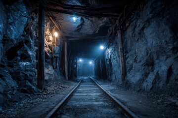 Naklejka premium Angled tunnel in a mining environment with cool tones and distant glow