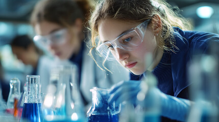 Young women in lab coats and safety glasses conduct a scientific experiment with beakers