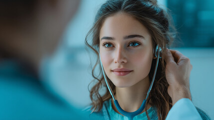 Young woman in scrubs having her heartbeat listened to by a doctor with a stethoscope