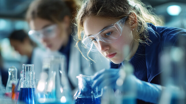 Young women in lab coats and safety glasses conduct a scientific experiment with beakers