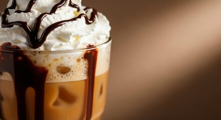 Iced Coffee with Whipped Cream and Chocolate Drizzle on Brown Background