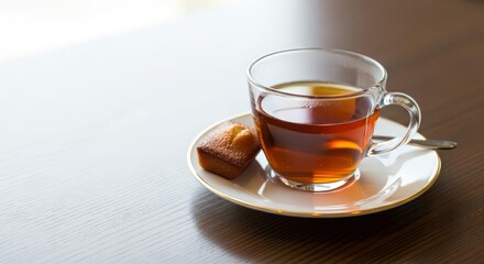Hot Tea and Financier Cake on Wooden Table