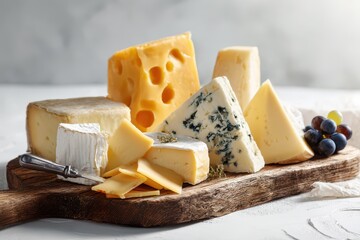 Assorted cheeses on a rustic wooden plate against a clean white background