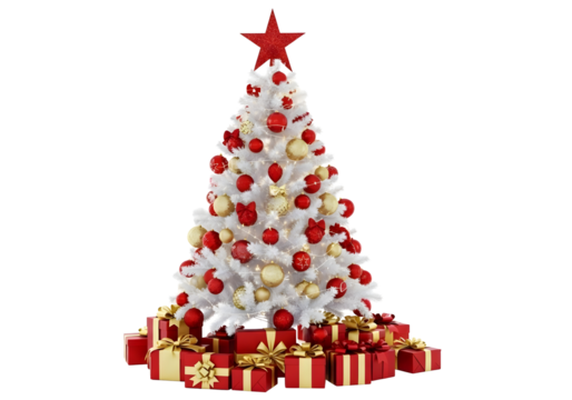 White christmas tree with red star and ornaments isolated on transparent background