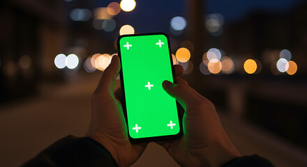 Smartphone with green screen in male hands at night city