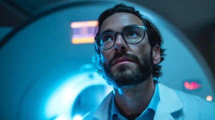 A doctor in a lab coat looking up in a brightly lit blue room with medical equipment