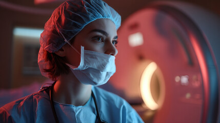 Female doctor in surgical gown and mask stands near mri machine in hospital setting