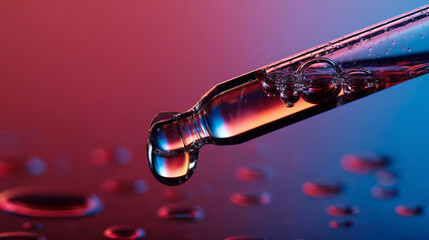 Close up of a glass dropper with bubbles and a liquid drop against a color gradient