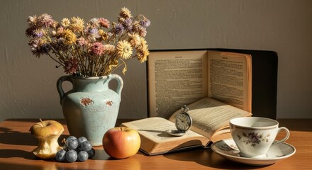 Cozy Vintage Still Life with Book, Dried Flowers, and Fruit