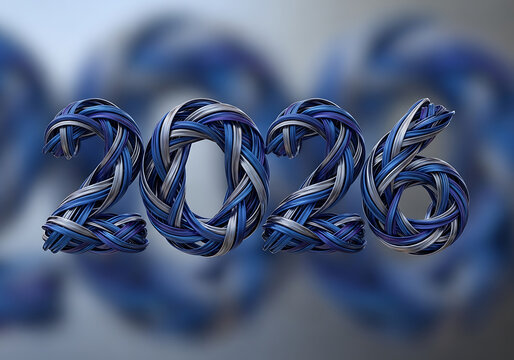 Artistic rendering of the year 2026, crafted from intertwined blue and silver strands.