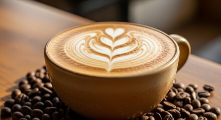 Beautiful Latte Art Coffee with Roasted Beans on Wood