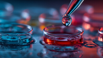 Close up of a pipette dripping liquid into a petri dish in a laboratory setting