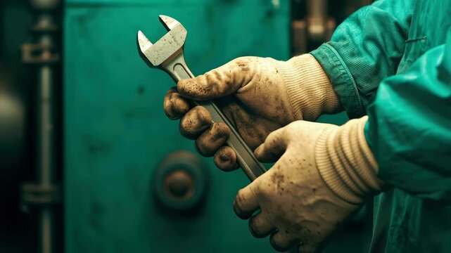 Grease stained glove holding metal wrench in green workshop, mechanic hand with spanner tool detail, industrial repair maintenance grit and focus