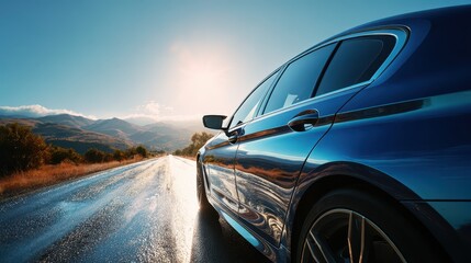 Blue car on a sunlit open road with a scenic landscape