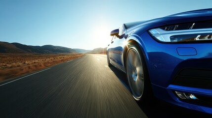 Blue car on a sunlit open road with a scenic landscape