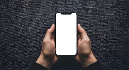 Hands holding modern digital device with blank white screen for custom app content or text display