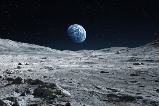 Blue Earth rising over the Moon's horizon in a tranquil lunar landscape