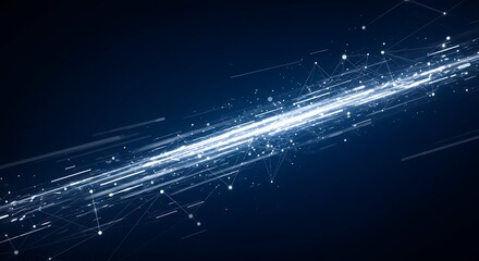 Abstract blue digital network with glowing particles and lines moving fast on a dark background