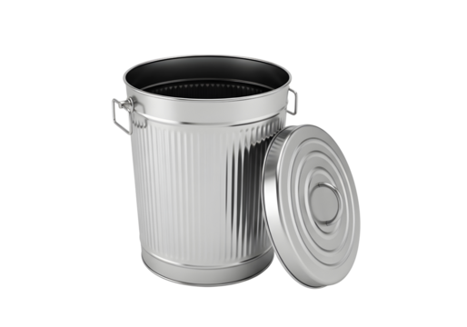 Silver metal trash can with lid isolated on transparent background
