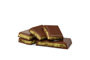 Pile of Dubai chocolate bar with with pistachio isolated on white background.