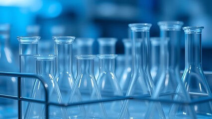 Laboratory glassware precisely arranged in a metal rack, symbolizing scientific precision and order.